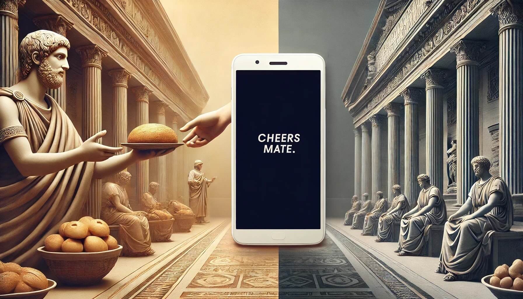 Split image showing an ancient Roman servant offering bread with gratitude on one side, contrasted with a modern smartphone reply saying &ldquo;Cheers mate&rdquo;, symbolising the decline of manners and the fading use of please and thank you.