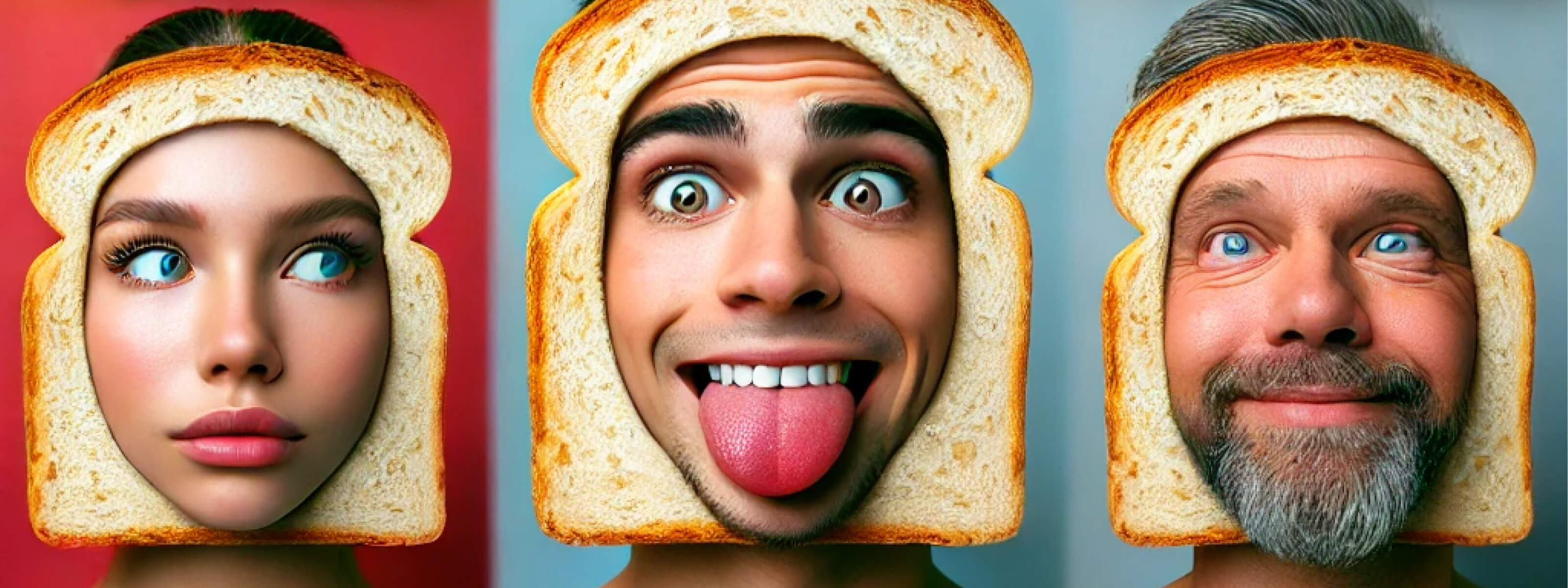 Humorous illustration of three people with slices of bread around their heads, symbolising the spectrum of idiocy from silly to serious &ndash; header image for What Is an Idiot? From Sandwiches to Savants.