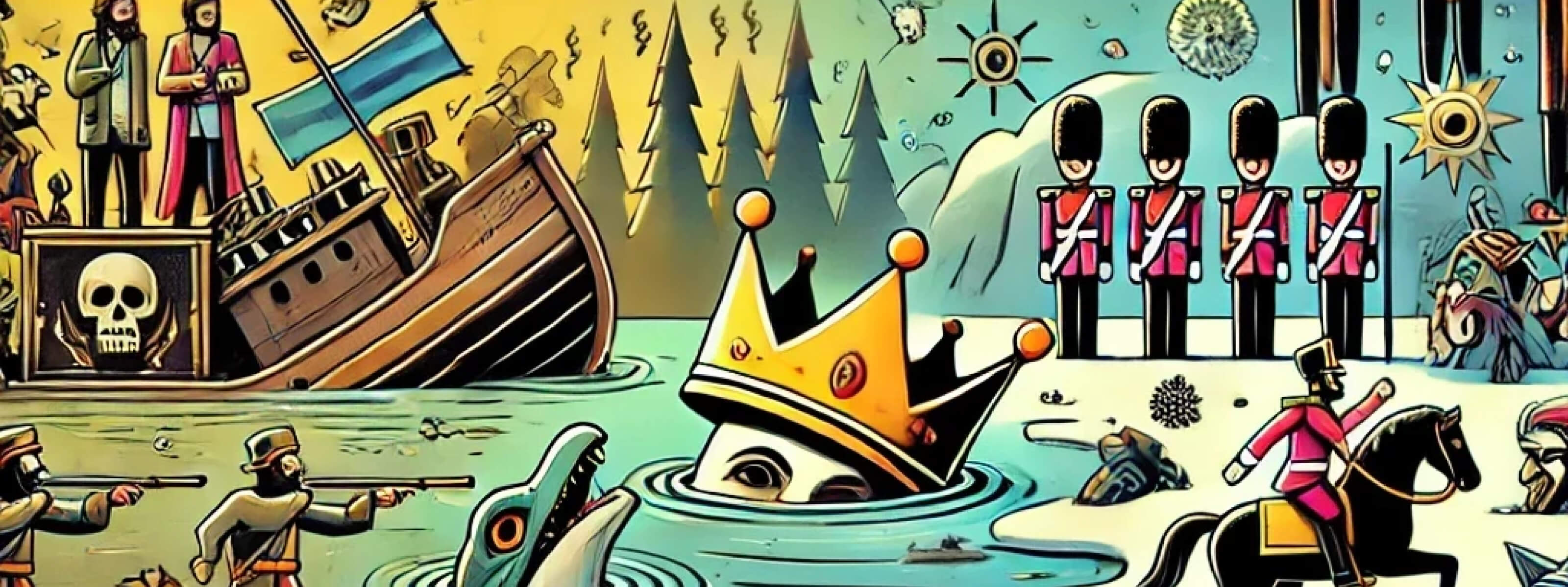 Humorous illustration of historical blunders, featuring a sinking ship, crown falling into water, British guards, and soldiers, symbolising famous idiots in history and mistakes that changed the world.