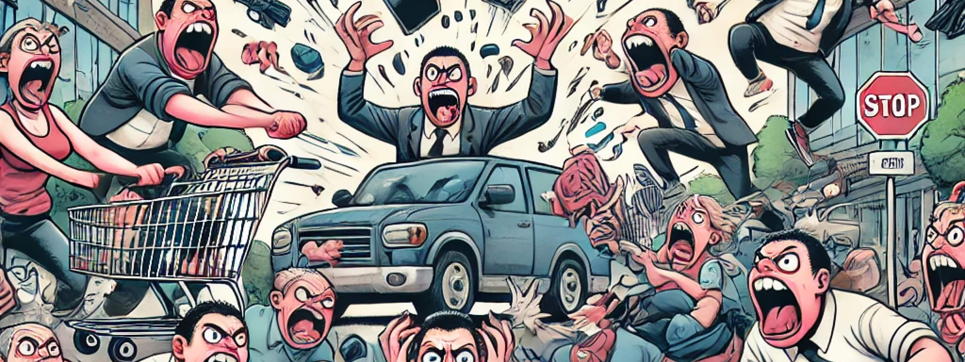 Chaotic cartoon illustration of people shouting, fighting, and causing mayhem in the street, symbolising stupidity, bad behaviour, and how not to be an annoying idiot.