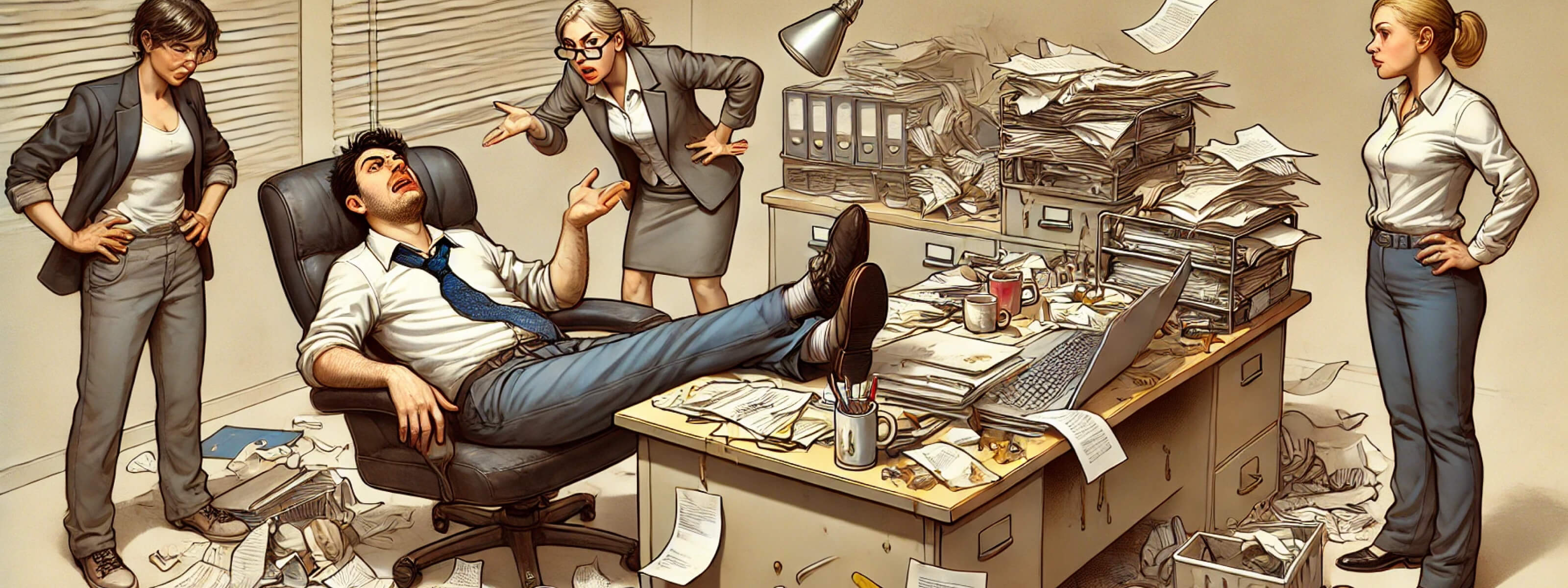 Humorous illustration of an office worker lounging at a messy desk while colleagues look frustrated, symbolising bad behaviour, excuses, and the psychology behind why people act poorly.