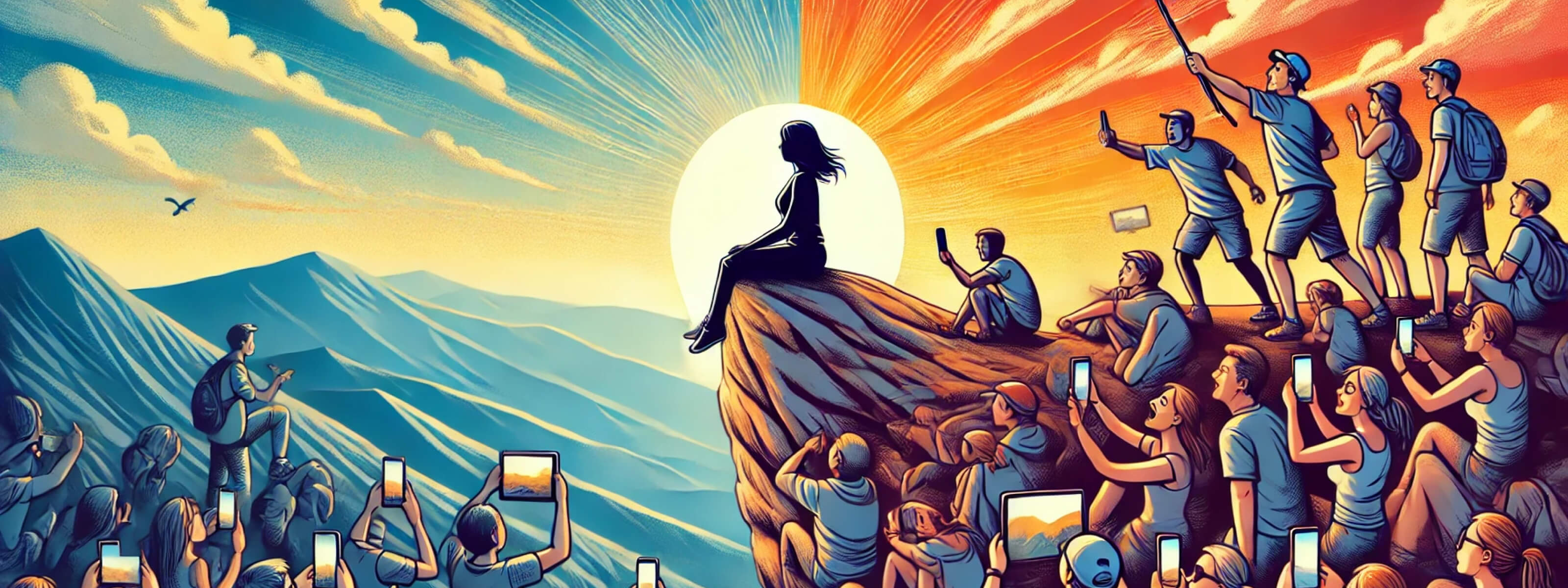 An illustration of everyone capturing the moment: a person sitting on a mountaintop appearing to enjoy the sunset but clearly posing, while the background shows a chaotic crowd with phones and cameras trying to document the scene.