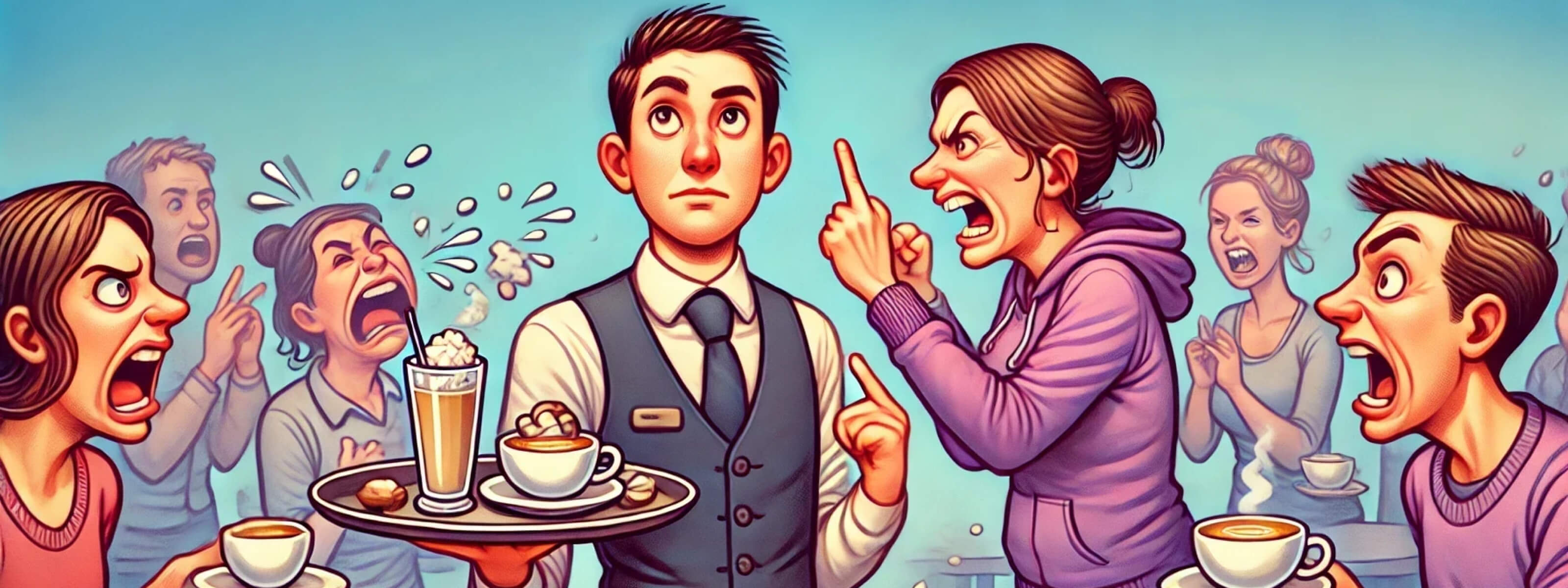 Illustration of a chaotic customer service scene in a busy caf&eacute;. A customer snaps their fingers at an annoyed server holding spilled drinks. Highlights the humor behind the myth of 'the customer is always right' and poor customer service etiquette.