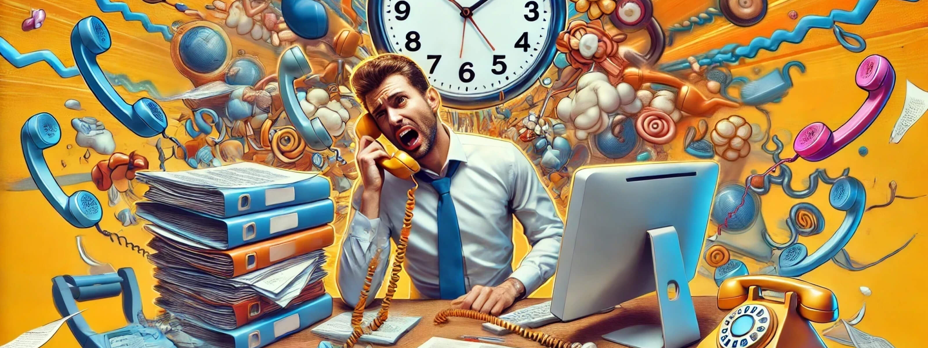 A humorous illustration of a frustrated customer on the phone, surrounded by chaotic elements like stacked paperwork, a computer displaying 'Computer says no,' and a clock emphasizing long wait times, symbolizing poor call centre etiquette.
