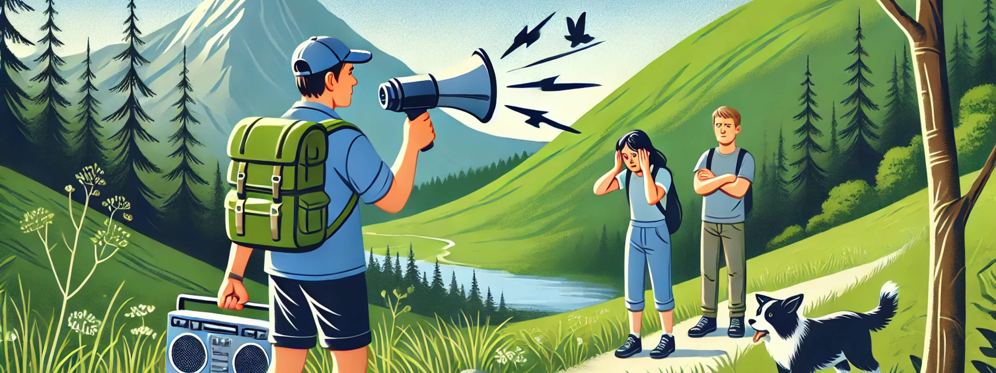 A hiker blasting music from a loudspeaker on a peaceful nature trail, violating hiking etiquette and outdoor etiquette. Nearby hikers look frustrated as the noise pollution disrupts the serenity of nature.