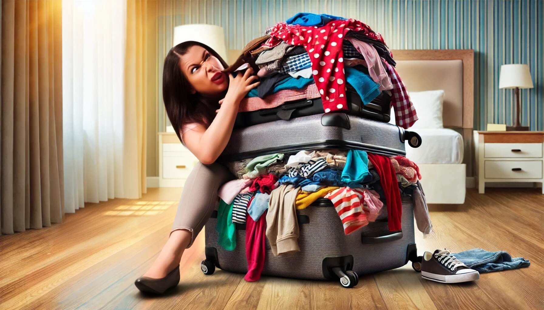 A frustrated female traveller struggling with overpacking, trying to close a full suitcase with clothes spilling out everywhere, showing the chaos of stress packing.