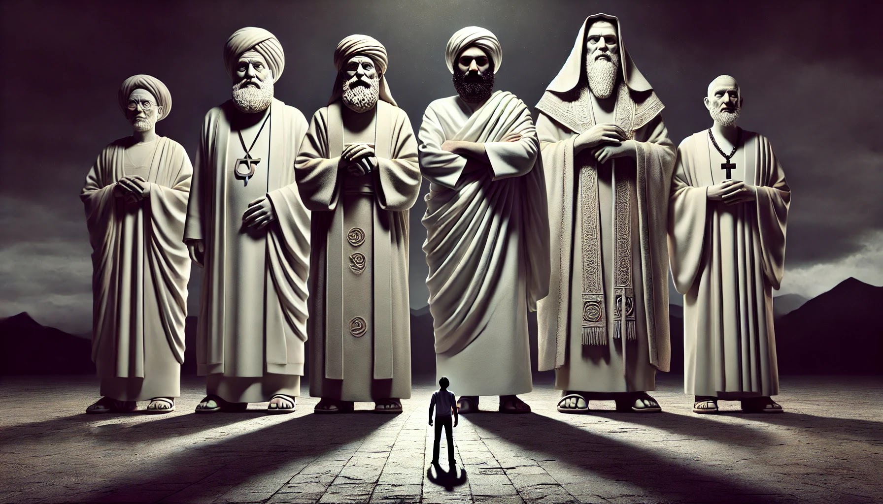 What is the true religion? Five towering, religious figures  imposing over a lone, confused human. The image symbolises the tension of faith vs logic, the weight of religious institutions over individuals, and the overwhelming societal pressure to conform to belief systems.