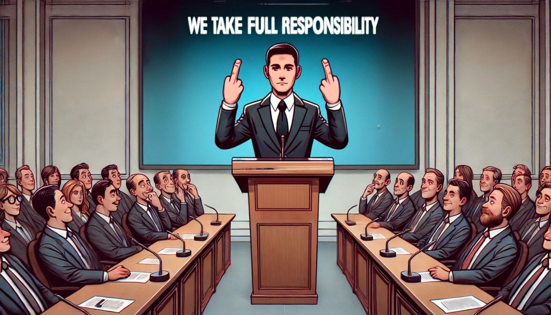 A smug corporate executive stands at a podium, giving the middle finger while a screen displays 'WE TAKE FULL RESPONSIBILITY.' The corporate audience smirks knowingly. A satirical take on the rise of the fake apology and corporations, brands and politicians who are experts in corporate apologies.