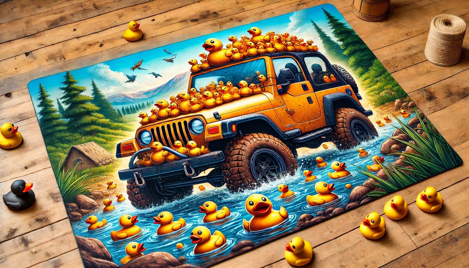 A rugged Jeep covered in tiny rubber ducks, parked in an off-road setting. A fun and humorous representation of the Duck Duck Jeep and Jeep ducking trend.
