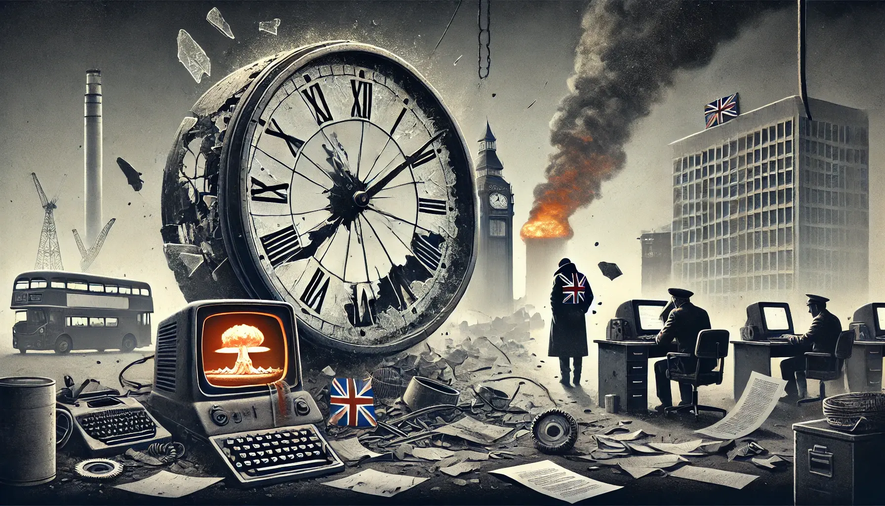 Illustrated scene symbolising the lack of institutional accountability in the UK, with a fractured clock, silhouetted figures evoking the Horizon scandal and Hillsborough, and bleak government buildings fading into mist.