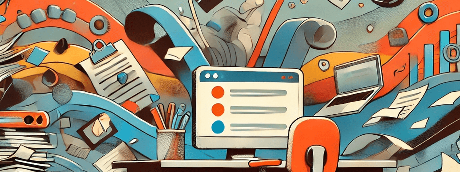 Illustration of a chaotic office desk with overflowing papers, laptops and charts, symbolising workplace stress and difficult coworkers &ndash; header image for Idiots at Work: A Guide to Dealing with Difficult Coworkers.