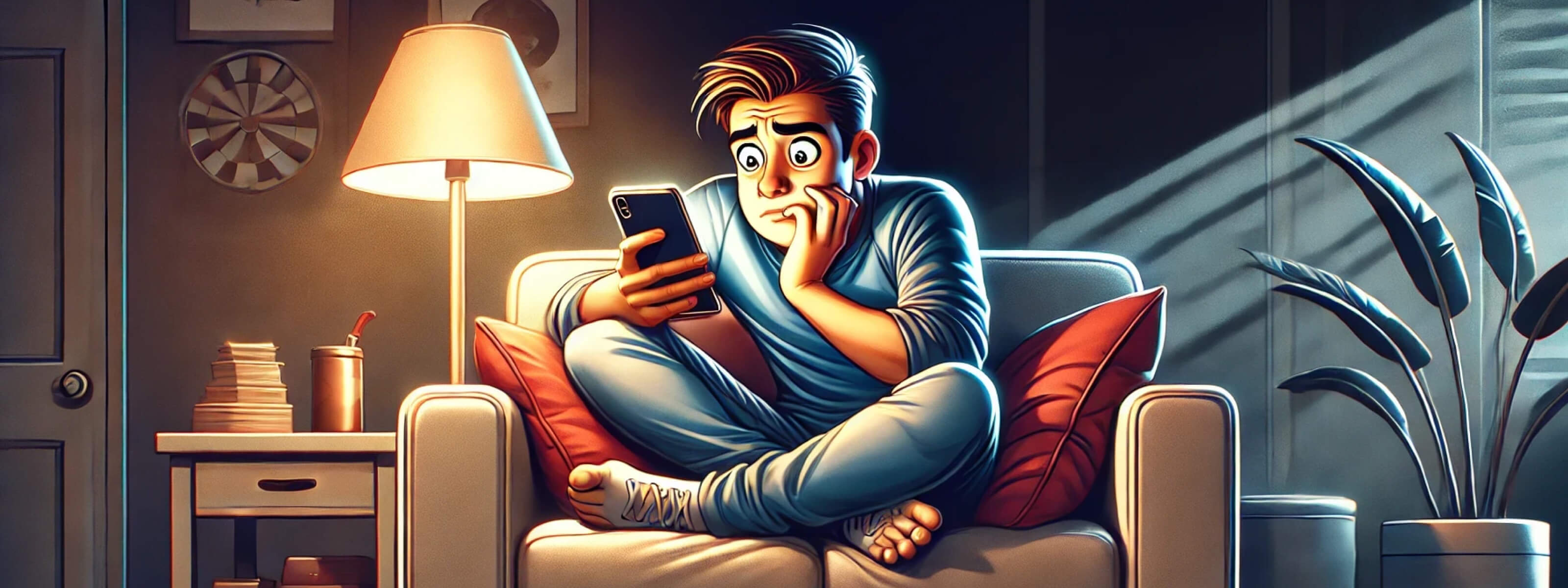 A person anxiously staring at their phone, struggling with how to stop overthinking relationships, relationship anxiety, and overreacting after being cheated on.