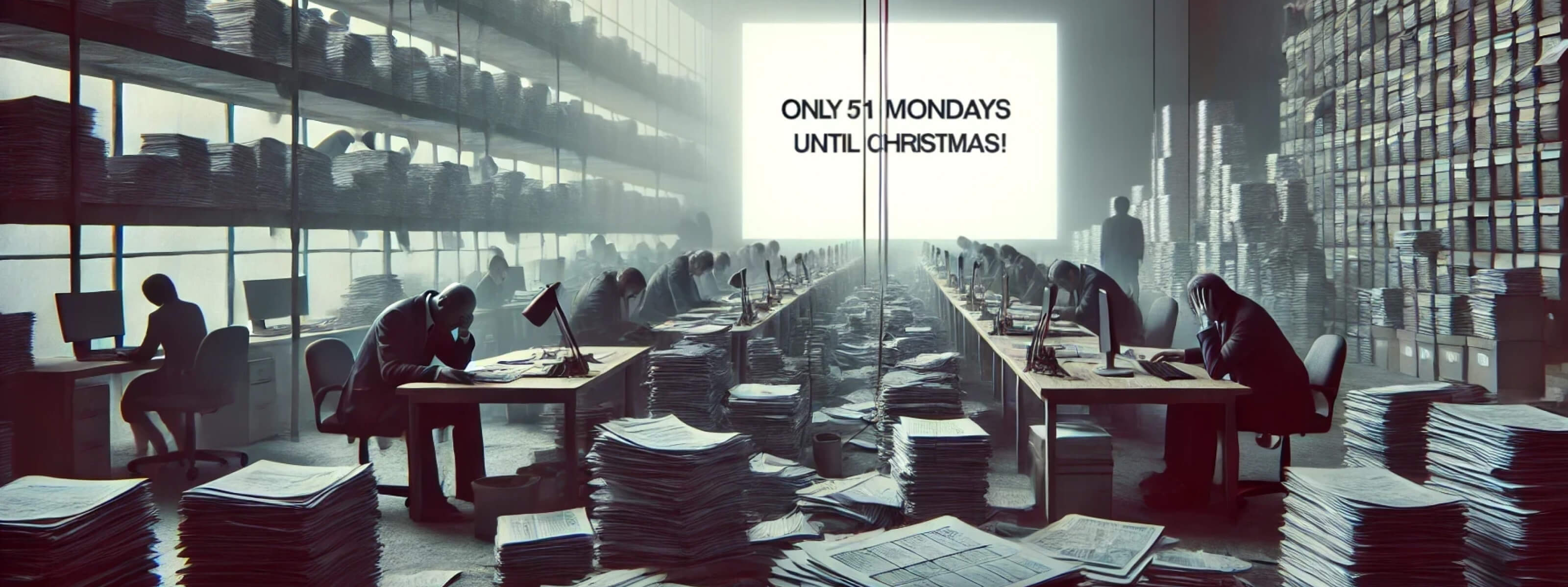 A bleak office scene with exhausted workers slumped over desks. A whiteboard in the background reads 'Only 51 Mondays Until Christmas!', representing the endless work cycle. Reflects on 'How many Mondays until Christmas?', the struggle of capitalism, and a culture shaped by Cyber Monday.
