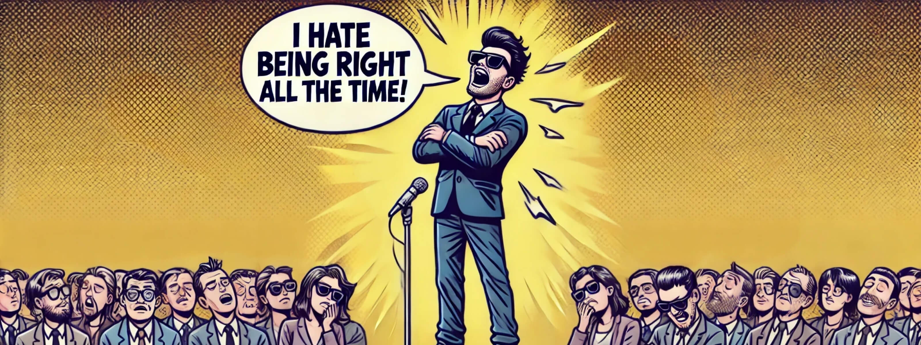 A satirical digital illustration of a smug person standing on a soapbox, declaring, "I hate being right all the time!", while an audience rolls their eyes, yawns, or checks their watches in exaggerated boredom. The image humorously captures the absurdity of someone who thinks they are always right.