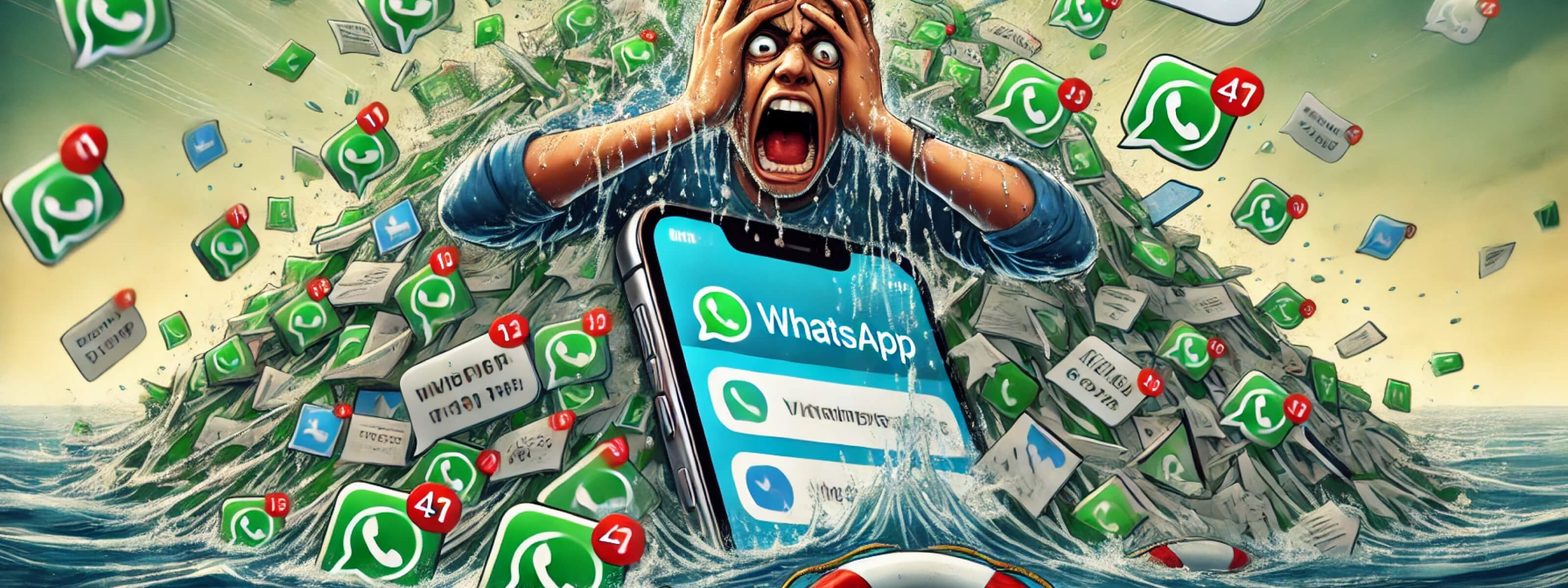 A frustrated person drowning in an overwhelming flood of WhatsApp group chat messages, struggling with WhatsApp group rules and figuring out how to leave a group chat.