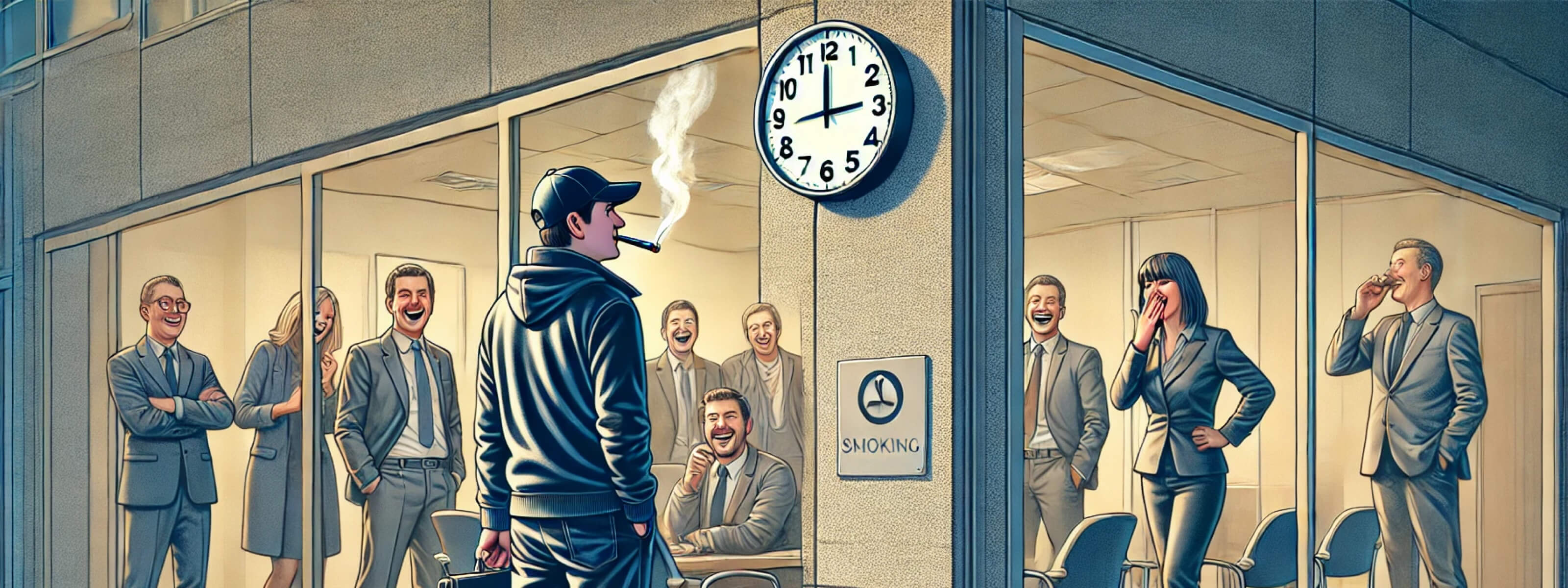 Satirical illustration for &ldquo;The Smoke Breaks at Work Debate: Unfair Workplace Perk or Justified Mental Break?&rdquo; A lone smoker stands outside under a wall clock, puffing away, while office workers inside laugh, highlighting the smoker vs non-smoker workplace divide.