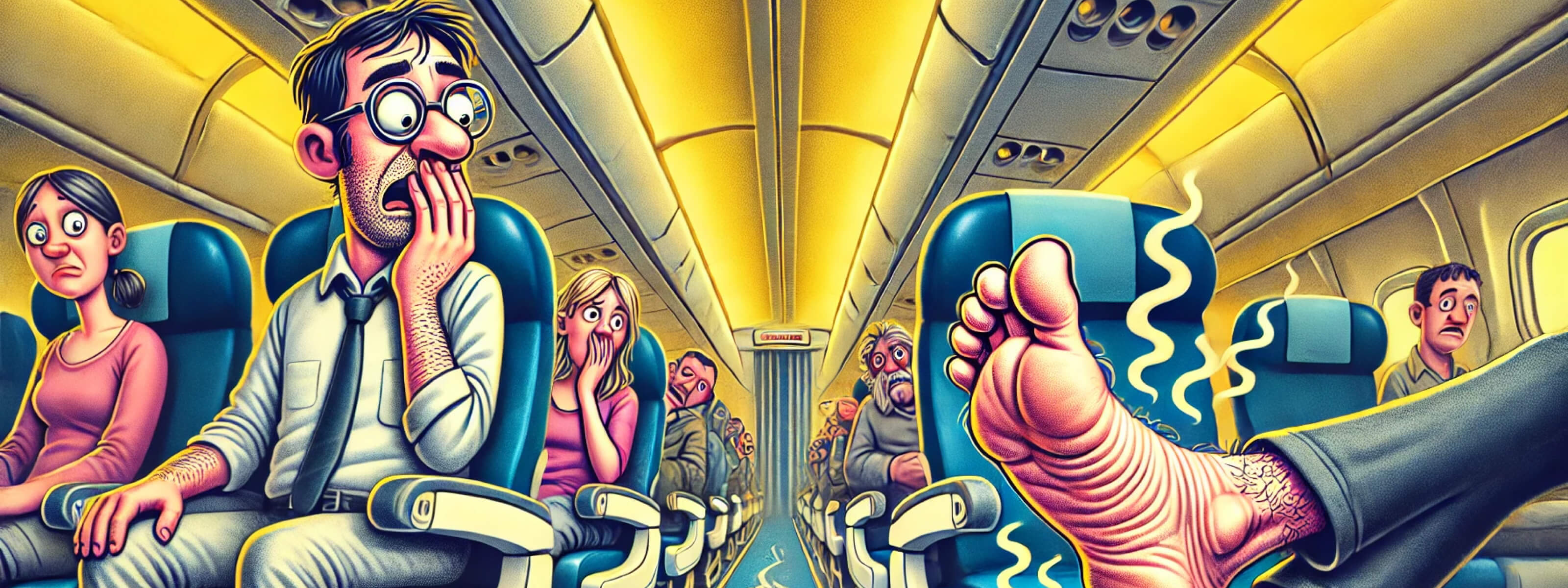 A humorous illustration of an airplane passenger taking shoes off on a plane, exposing smelly feet mid-flight, while horrified seatmates react. Highlights flight hygiene nightmares.