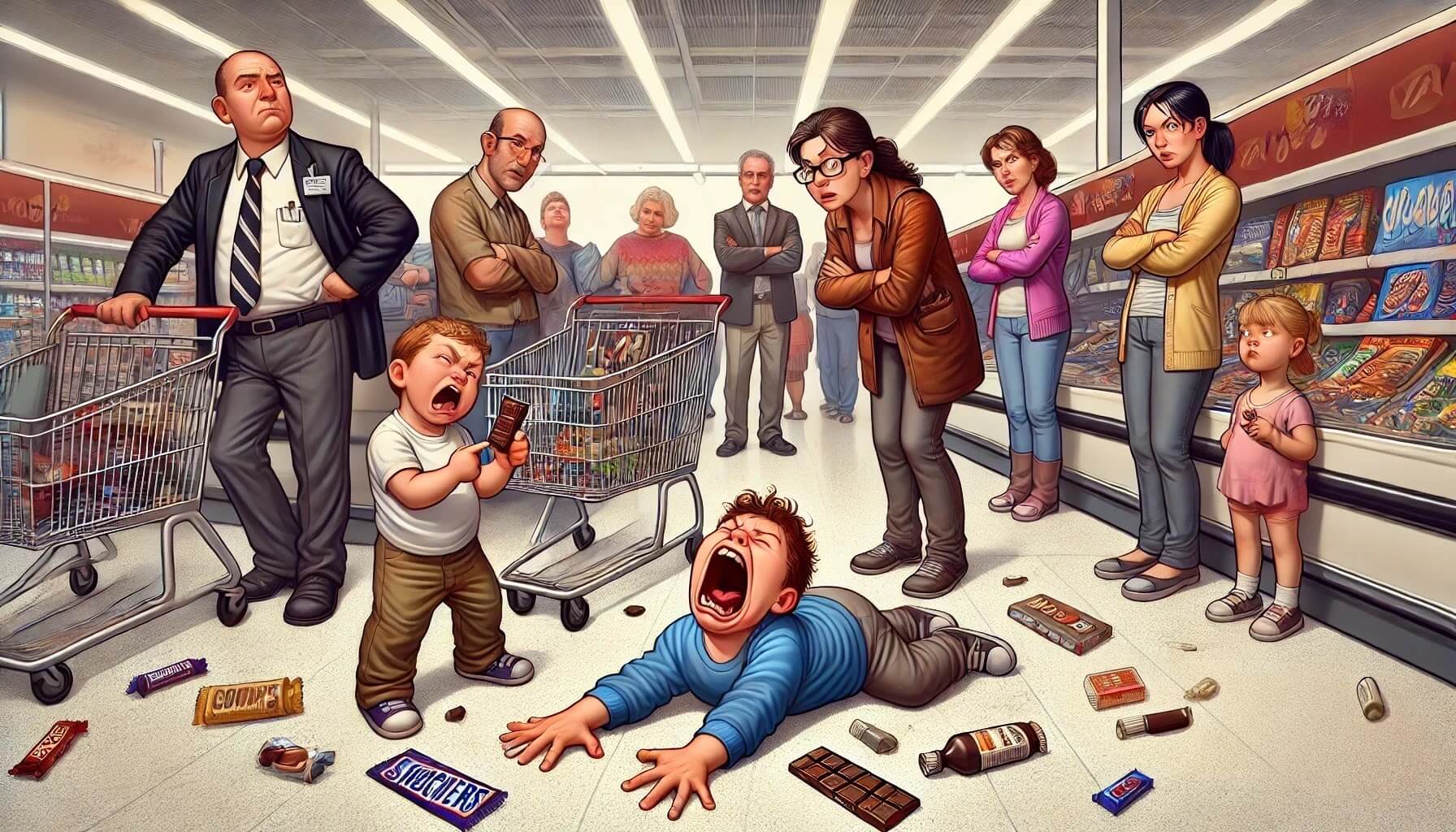 A supermarket scene where a child throws a tantrum on the floor while a desperate parent offers them chocolate. Onlookers stare judgmentally, showcasing bad parents, lazy parenting, and classic parenting fails.