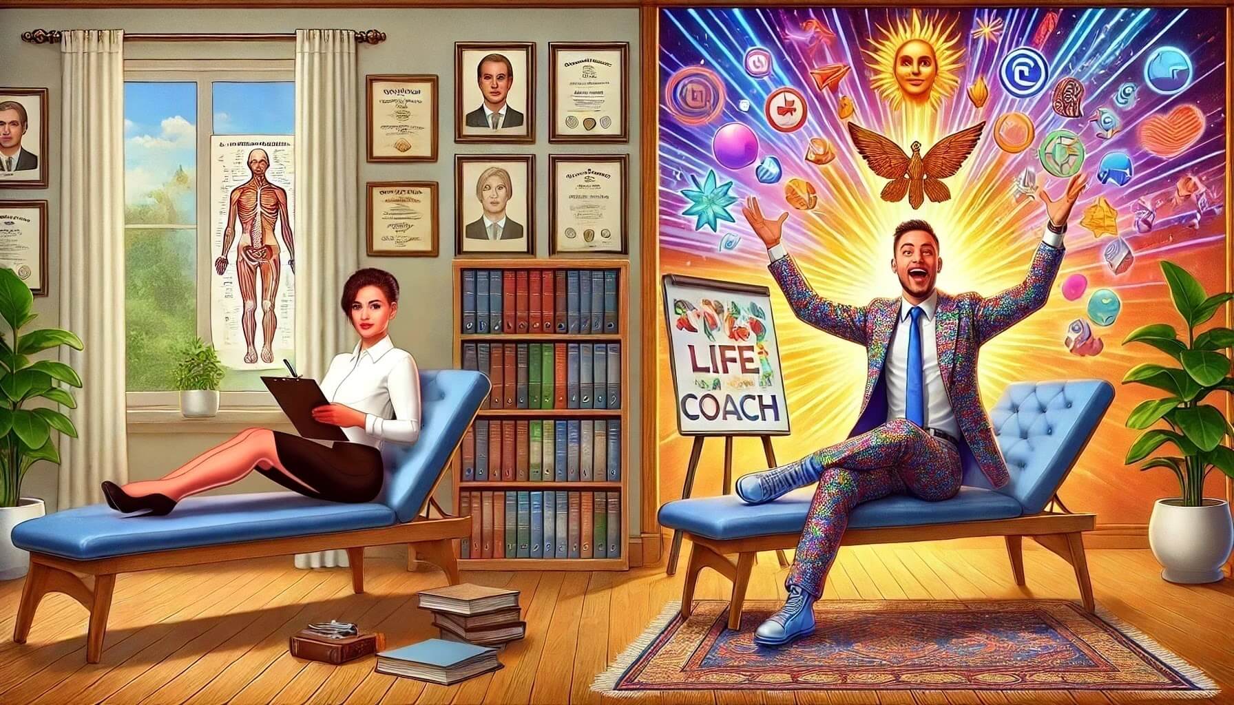 Humorous illustration contrasting coaching vs counselling. A professional psychologist in a neat office faces a colourful lifestyle coach with a chaotic vision board, highlighting the professionalism of counselling versus the theatrics of coaching.