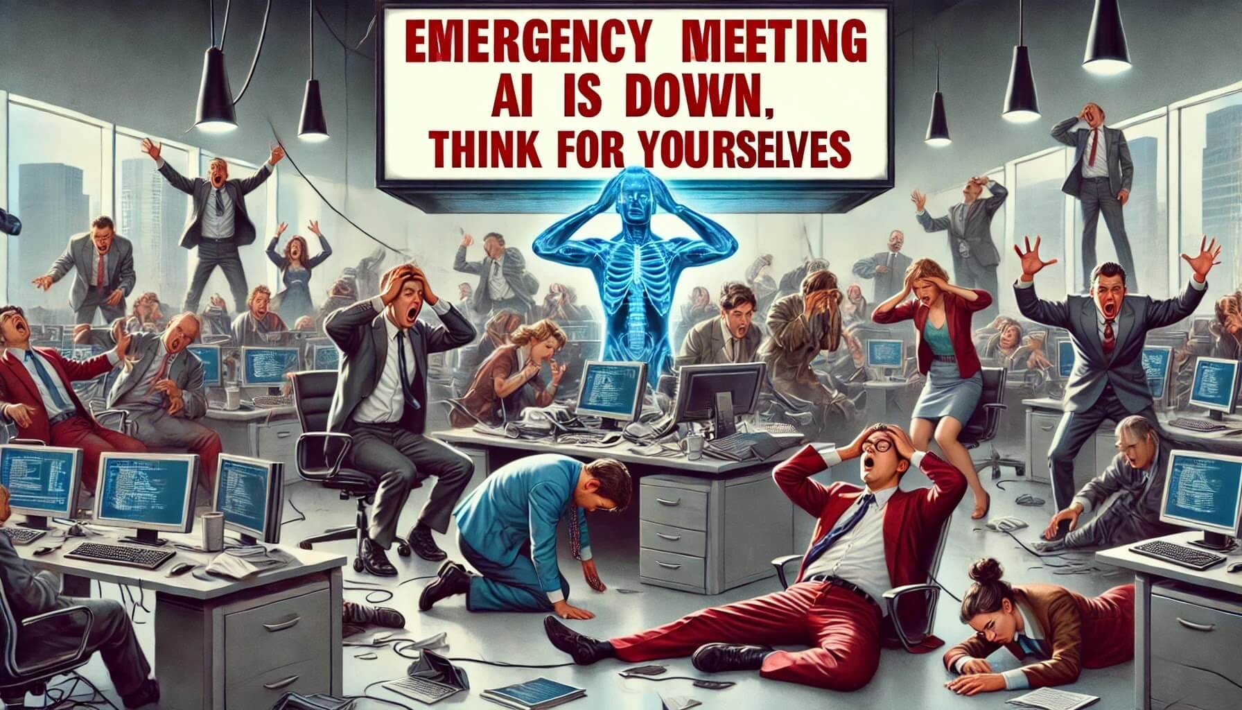 A chaotic office scene where employees are panicking because ChatGPT is not working. A bold sign reads 'Emergency Meeting: AI Is Down, Think for Yourselves.' A satirical take on over-reliance on AI and how AI will make us dumber.