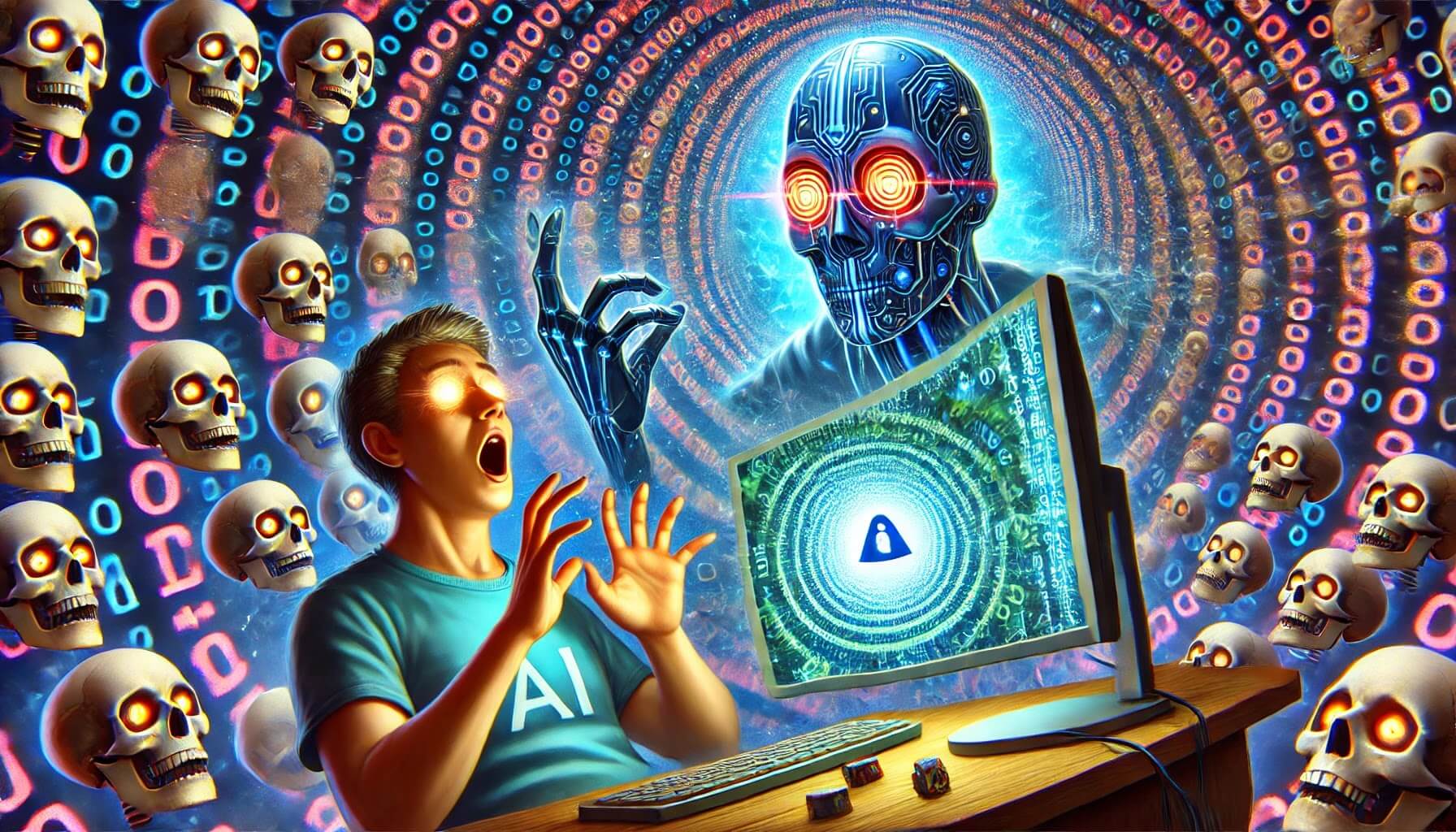 A person mesmerized by an AI-powered screen, trapped in a vortex of binary code, symbolizing AI addiction and AI dependence, while an ominous AI overlord looms in the background.