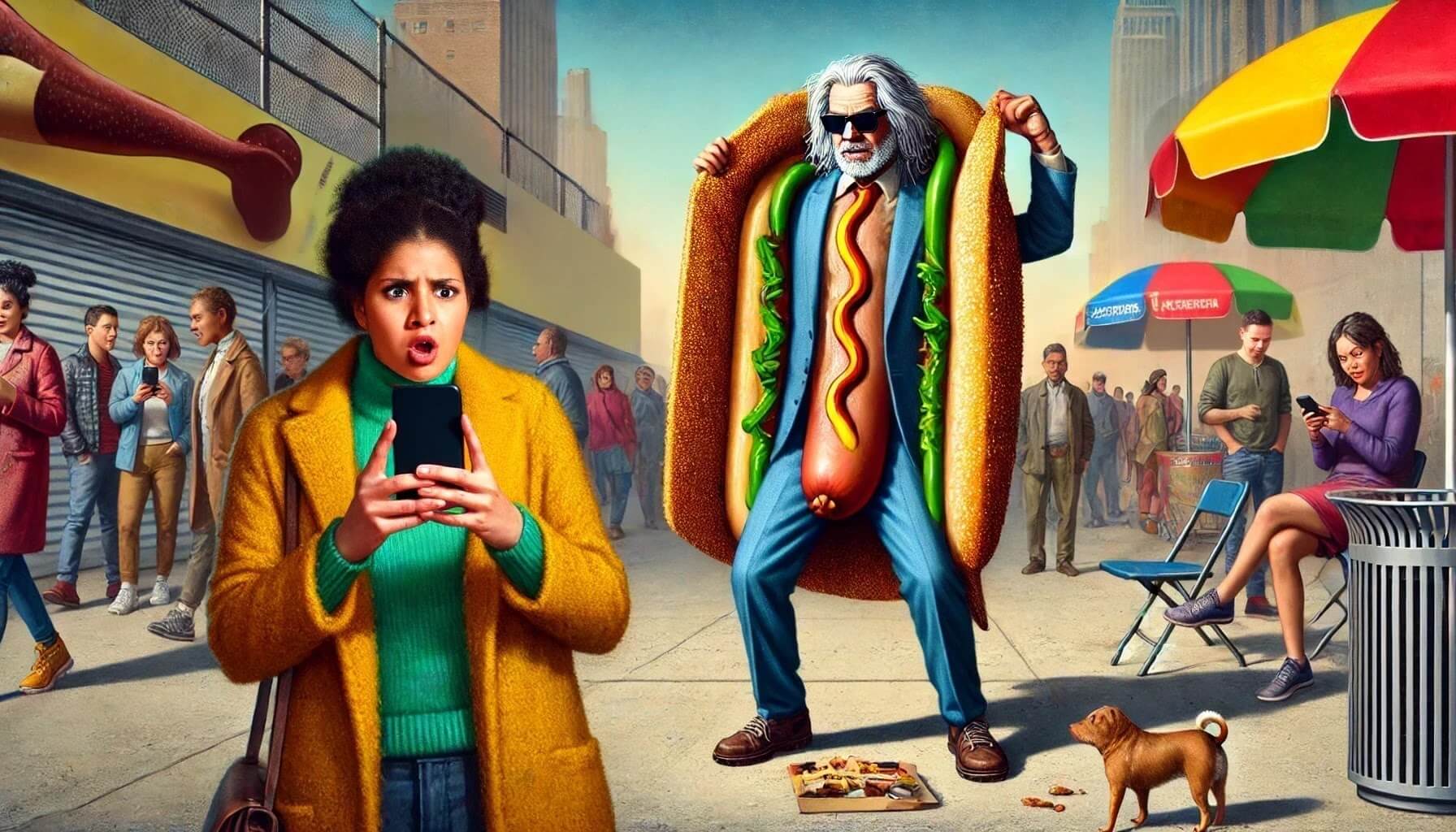 Humorous illustration for &ldquo;Unsolicited Dick Pics: The Digital Equivalent of Flashing a Stranger in the Fruit and Veg Aisle.&rdquo; A man in a giant hotdog costume flashes in public while shocked bystanders react, symbolising the absurdity and harassment of unsolicited dick pics.