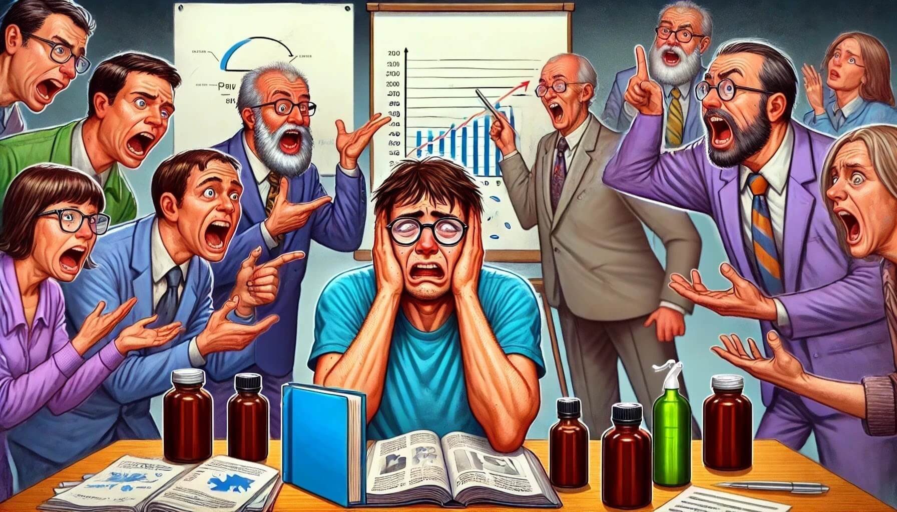 Satirical illustration for &ldquo;The Art of Butting In: Know-It-Alls, Kibitzers, and the Scourge of Unsolicited Advice.&rdquo; A stressed man covers his ears while a group of loud know-it-alls, kibitzers, and fake experts shout conflicting advice, symbolising the annoyance of unsolicited opinions.