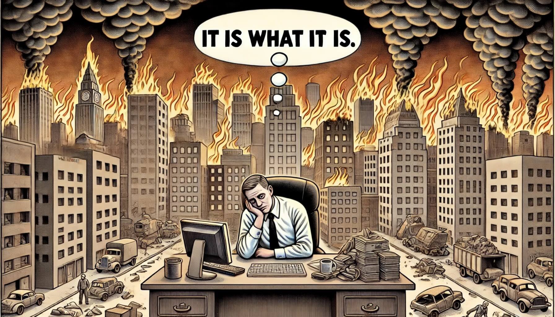 Satirical illustration for &ldquo;It Is What It Is &ndash; The Verbal Equivalent of Giving Up on Life.&rdquo; A bored businessman slouches at his desk while the city burns around him, smoke and fire rising, symbolising the uselessness and defeatism of saying &ldquo;it is what it is.&rdquo;