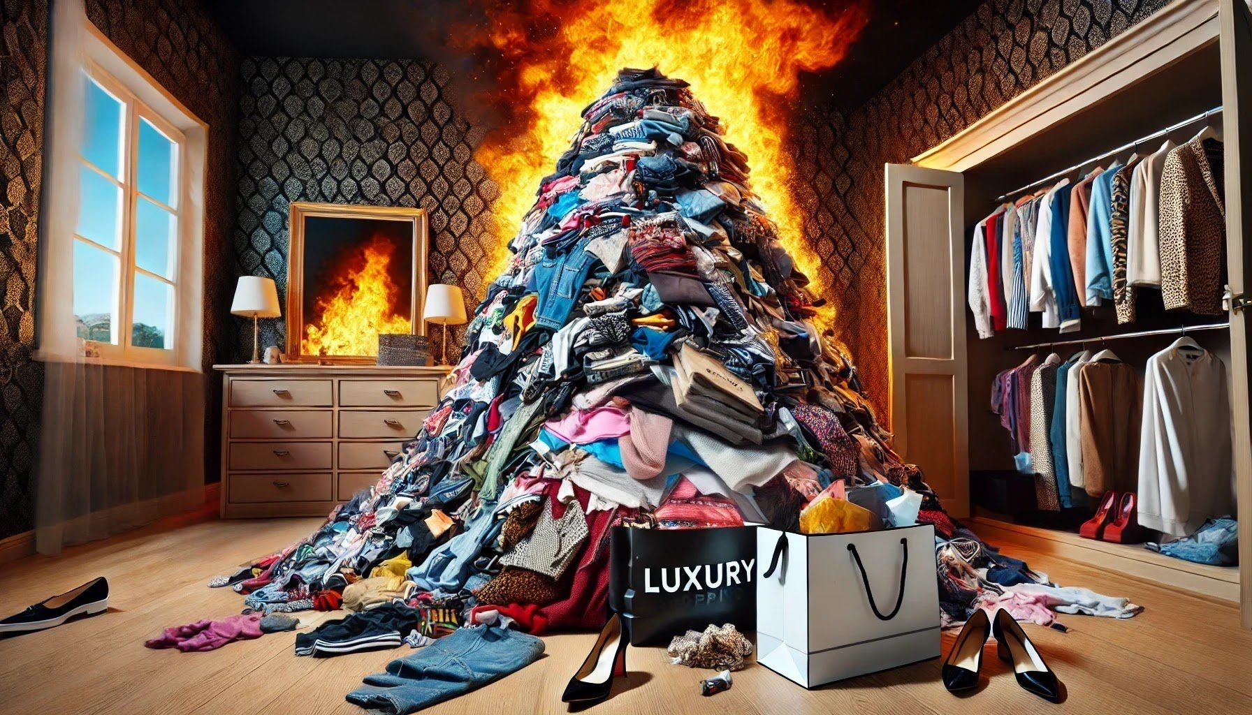 Chaotic illustration of a wardrobe overflowing with a burning mountain of clothes, symbolising fashion culture excess. Satirical image for &ldquo;Too Many Clothes, Not Enough Sense: The Madness of Fashion Culture&rdquo; and &ldquo;The Great Wardrobe Delusion: How Fashion Makes You Stupid.&rdquo;