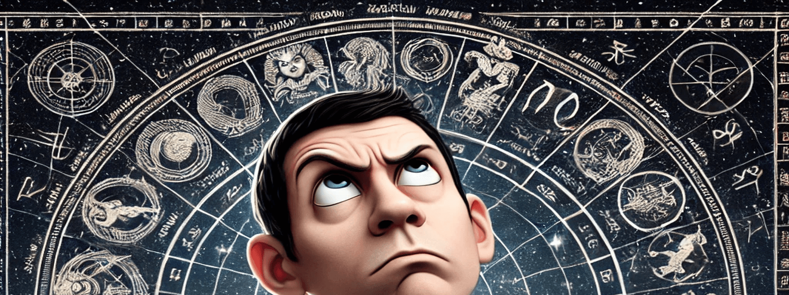 Illustration of a sceptical man rolling his eyes in front of a zodiac chart, symbolising astrology, horoscopes, and the cosmic joke of believing in star signs.