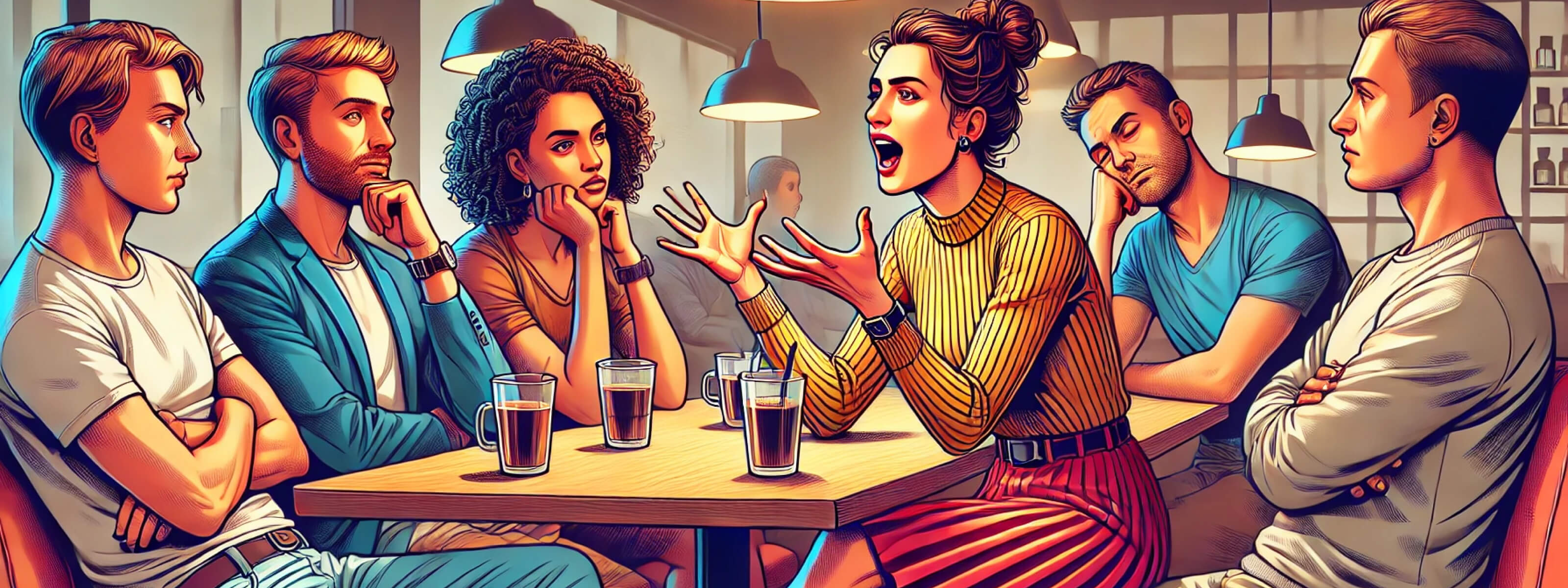 A group of people sitting at the same table in a coffee shop. The central figure is animatedly gesticulating while talking about relationship drama, and the others look visibly bored and disinterested. The scene captures exhaustion and apathy caused by constant drama in relationships.